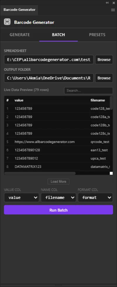All Barcode Generator batch mode generating barcodes from a spreadsheet