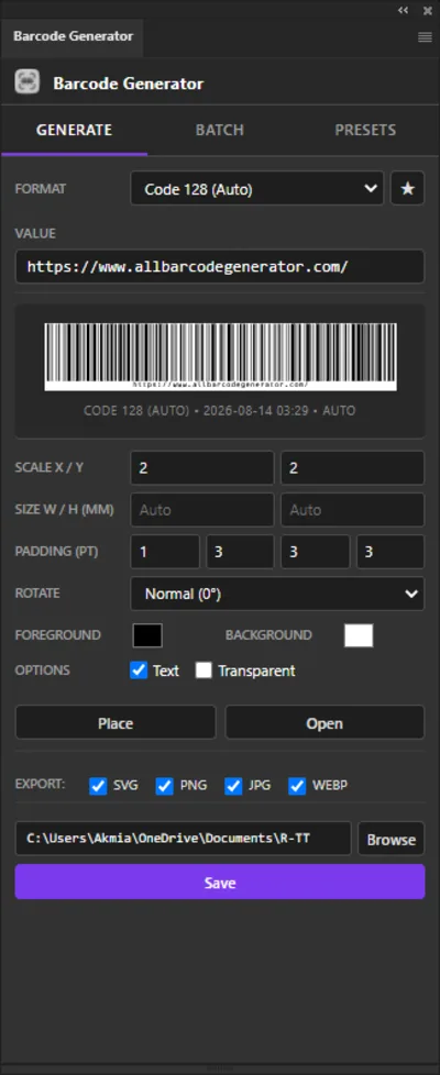 All Barcode Generator panel in Photoshop showing live barcode preview