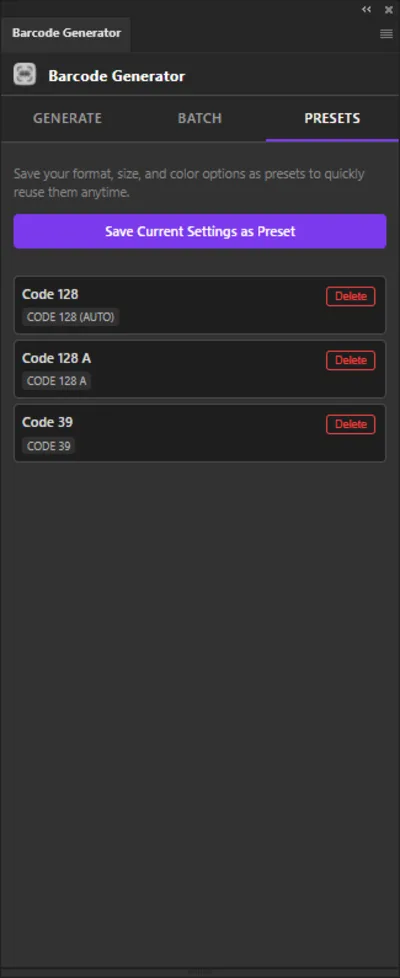 All Barcode Generator saved presets for reusing barcode settings